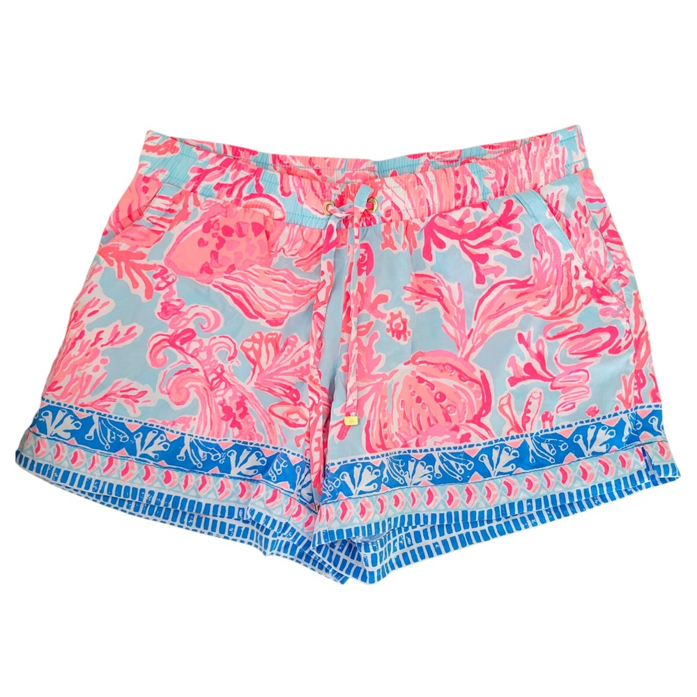 Lilly Pulitzer Shorts Coral Fish Print Blue Waistband Drawstring Women's XS